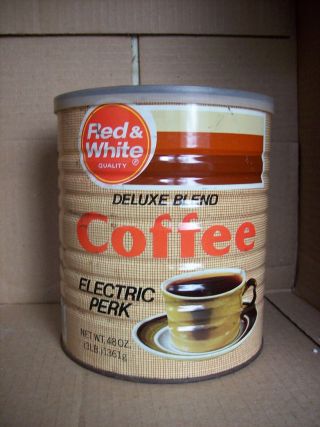 Vintage Red & White Electric Perk Metal Coffee Can 3 Lb Tin - Plastic Lid