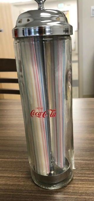 Coca Cola Straw Holder Glass Chrome Dispenser 1992