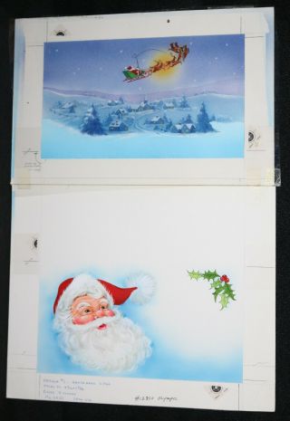 Santa Portrait & Flying Sleigh 2pc Christmas Greeting Card Painted Art