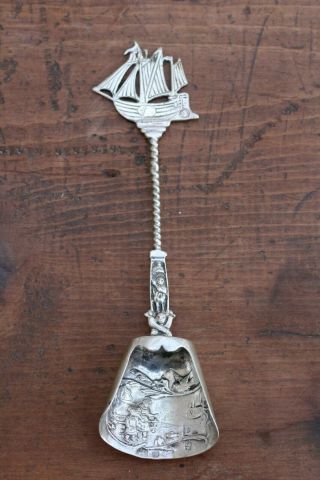 Antique 19thc 800 Dutch Silver Hallmarks Sugar Spoon With Tall Sailing Ship