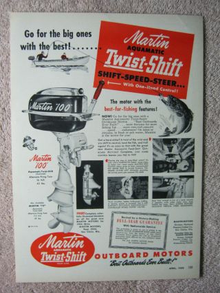 Vintage 1952 Martin 100 Outboard Boat Motors Twist Shift Fishing Print Ad