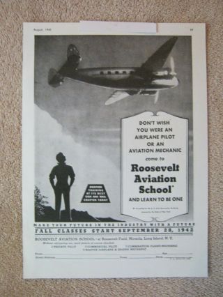 Vintage 1942 Wwii Roosevelt Aviation School Airplane Pilot Mechanic Print Ad