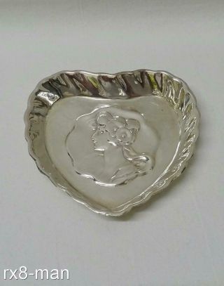 1901 Antique Art Nouveau Solid Silver Heart Shaped Maiden Embossed Pin Dish
