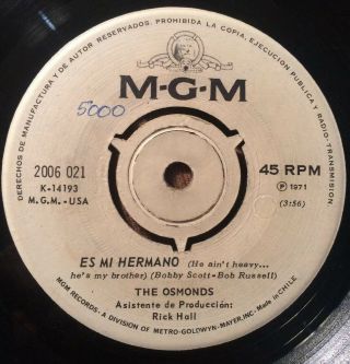 The Osmonds - Chile Rare Promo Single Mgm White Labels 1971 45 Rpm 7 " Vg,
