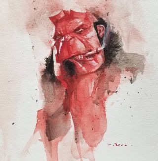Hellboy,  Watercolor Painting,  9x12 Inches,  Signed