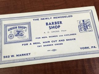 1940 ' S BARBER SHOP ADVERTISING CARD 562 W MARKET YORK PA AD GROSS PROPRIETOR 2