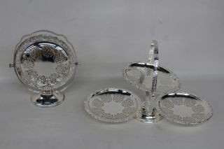 2x Queen Anne Silver Plated Foldable Vintage Cake Stands With Patterns Ornate