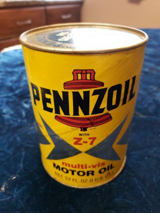 Vintage Full Can Of Pennzoil Motor Oil Sae 10w - 40 With Z - 7 Paper Can Multi - Vis