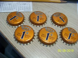 (6) Vintage Hires Special 1 Cent Soda Bottle Caps With Cork