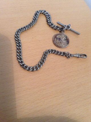 Antique / Vintage Steel Pocket Watch Chain - Coin,  T Bar & Clip - Graduated Chain