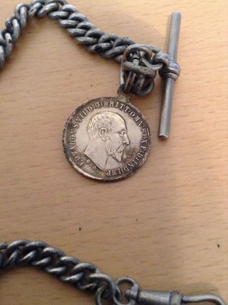 ANTIQUE / VINTAGE STEEL POCKET WATCH CHAIN - COIN,  T BAR & CLIP - GRADUATED CHAIN 3