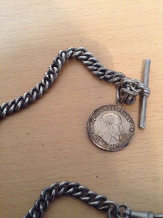 ANTIQUE / VINTAGE STEEL POCKET WATCH CHAIN - COIN,  T BAR & CLIP - GRADUATED CHAIN 4