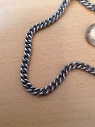 ANTIQUE / VINTAGE STEEL POCKET WATCH CHAIN - COIN,  T BAR & CLIP - GRADUATED CHAIN 5