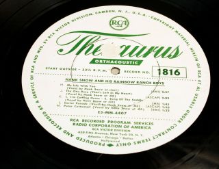 Transcription Disc Promo Lp - Hank Snow - Country Music/gloria Dehaven - 1950s - Krfx