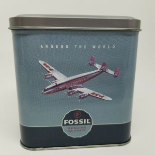 Fossil Watch Box Tin Themed Vintage Airplane Around The World 1996