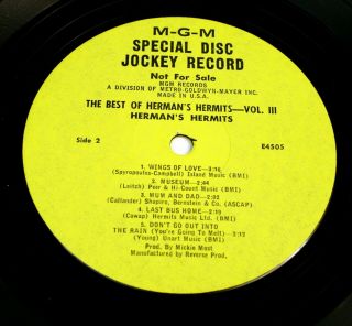 Herman ' s Hermits Vol III LP - Yellow Label Promo - Mono MGM - 1960s - KRFX 2