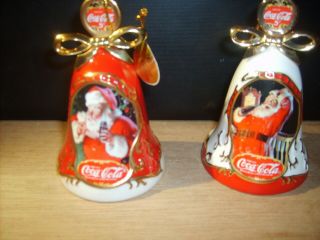 2 Porcelain Bell Ornaments Coca Cola Santa Bradford Exchange