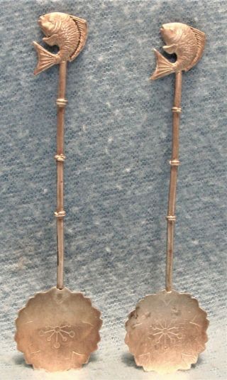 Set 2 Vintage Figurel Fish Handle Rosco Japan Sterling Silver Demitasse Spoons
