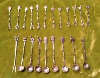21 Mexico Peru Sterling Silver Tiny 925 Spoons & Forks Inca Gods Lama Spiral