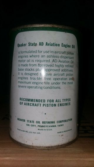 Vintage Quaker State Aircraft Motor Oil Can Never Opened