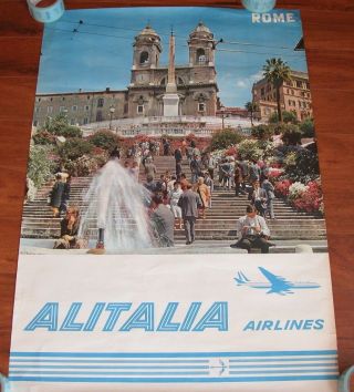 Vtg 1960s 70s Travel Poster Spanish Steps Rome Italy Alitalia Airlines