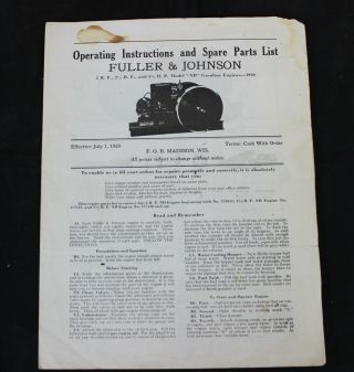 Vintage 1930 Fuller & Johnson Engine Operating Instructions Spare Parts List