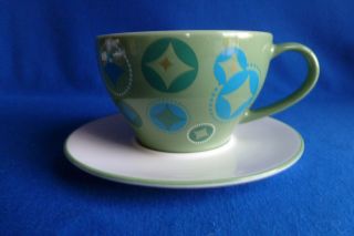 Starbucks 2006 Green Large Cup & Saucer Elf Stocking On Saucer & Cup