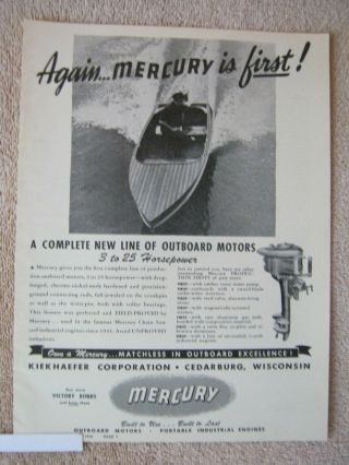 Vintage 1946 Mercury Complete Line Outboard Boat Motors Kiekhaefer Print Ad