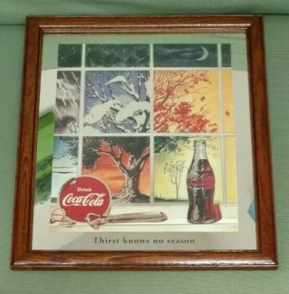 Vintage Coca Cola Ad Coke Advertisement Logo Bar Sign Mirror Glass Wood Frame