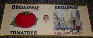 Broadway Tomatoes Tin Can Label St.  Louis Missouri Tibbitts - Hewitt Grocery 1920s
