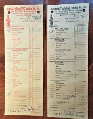 Fredericksburg / Richmond,  Va.  Coca - Cola Bottling Co.  Receipts With Logos,  1968