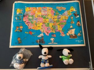 1992 Peanuts Gang Metlife Usa Map & 3 Snoopy Plush Toys