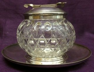 Vintage Metal & Glass Sugar Bowl With Built In Tongs Good.