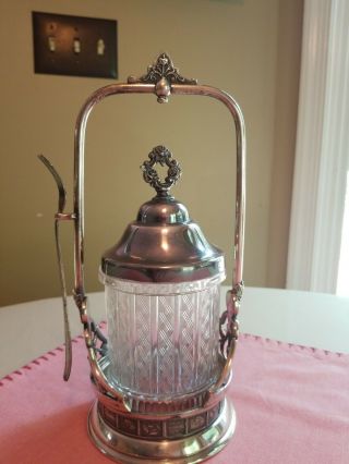 Antique Pickle Caster Eapg Awesome Glass Pattern Jar Reed & Barton With Fork