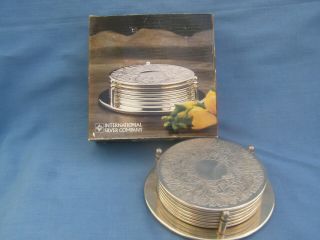Set Of 6 Vintage Silver Plated Coasters & Stand