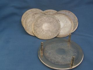 SET OF 6 VINTAGE SILVER PLATED COASTERS & STAND 3