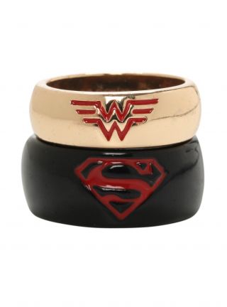 Dc Comics Black & Gold Superman Wonder Woman Superhero His Hers Ring 2pc Set