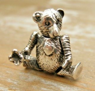 English Hallmarked Sterling Silver Articulated Teddy Bear Holding Rose