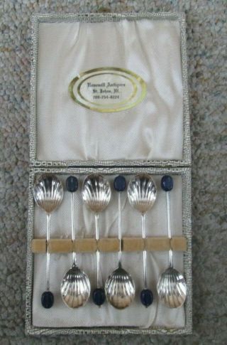Vintage Epns Silver Plated Demitasse Spoon Set Cobalt Coffee Bean Handle Case