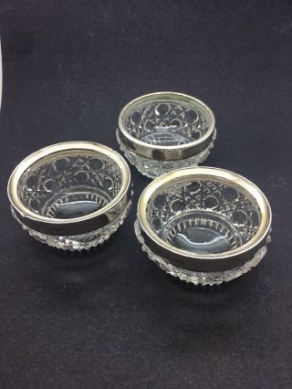 3 X Antique Cut Glass And Silver Rimmed Salts
