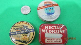 3 Vintage Medicine Sample Tins,  2 Vicks And One Rectal Medicone Collectible Tins