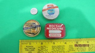 3 Vintage Medicine sample Tins,  2 Vicks and one Rectal Medicone Collectible tins 2