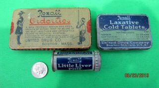 3 Vintage Medicine Sample Tins,  Rexall Orderlies,  Laxative & Little Liver Pills