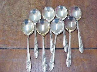 8 Vtg Tudor Plate Queen Bess Round Gumbo Cream Soup Spoons Oneida Community