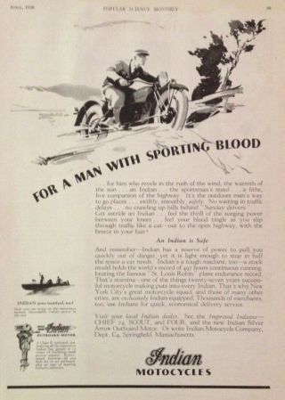 1930 Ad (j34) Indian Chief 74,  Scout And Silver Arrow Outboard Motor