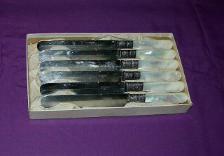 Antique Knives Mother Of Pearl Handles Sterling Banded Meriden Cutlery Set Of 6