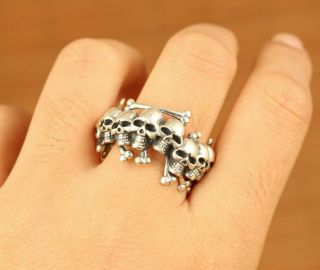 Rare 100 925 Silver Hand Carved Skull Head Statue Noble Ring Gift