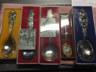 (5) Norwegian Silver Plate Pewter Gift Spoons Souvenir In Boxes