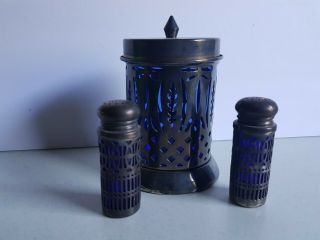 Cobalt Blue Glass Inserts Silver Plated Canister W/ Salt &pepper Shakers Vintage