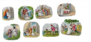 Victorian Antique Die Cut Scraps Set Of 8 Snow White And 7 Dwarves Ca.  1890s